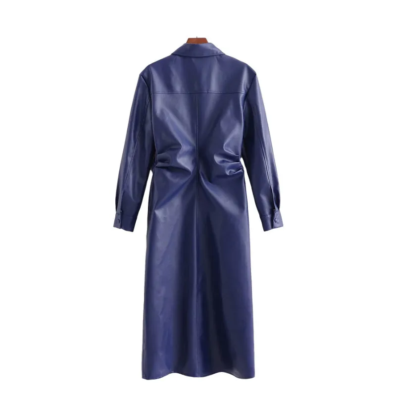 Vintage kvinna mörkblå PU pläterad skjorta klänning våren höst mode damer läder es kvinnlig elegant streetwear 210515