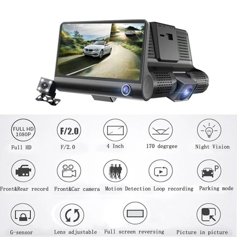 HD 나이트 자동차 DVR 대시 캠 4.0 인치 비디오 레코더 자동 3 렌즈가있는 후면보기 카메라 등록자 Dashcam DVRS