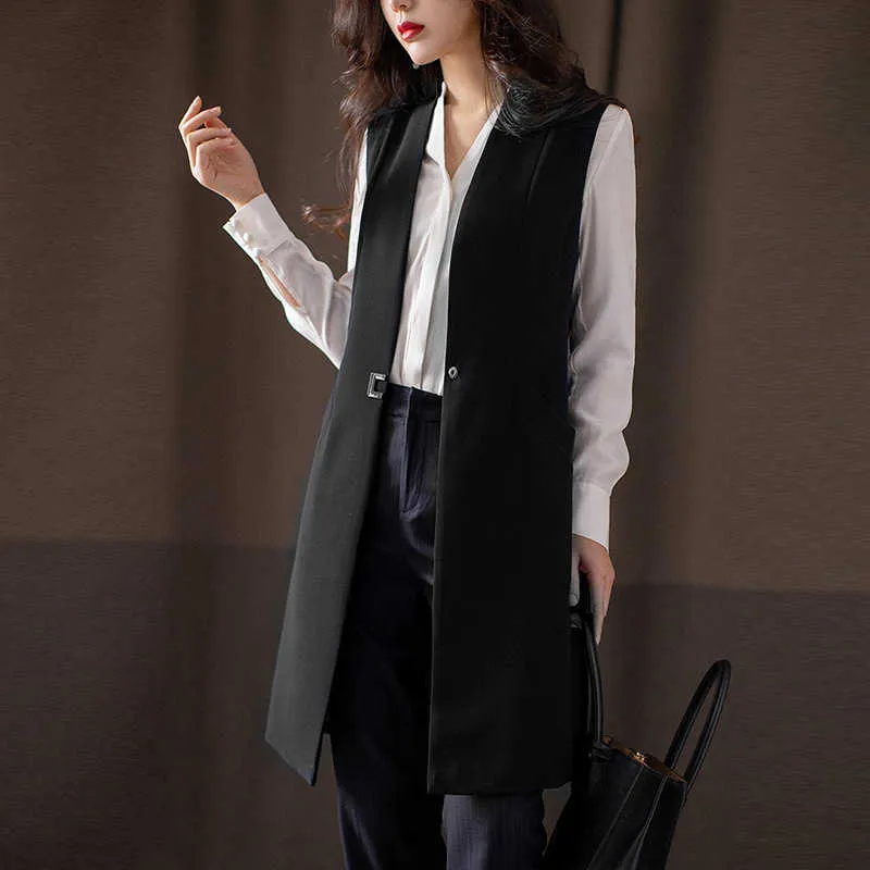 Hohe Qualität Frauen Weste Jacke Schwarz Lange Casual Anzug Frühling und Herbst Mode Ärmellose Dame Blazer Elegante Weibliche 210527