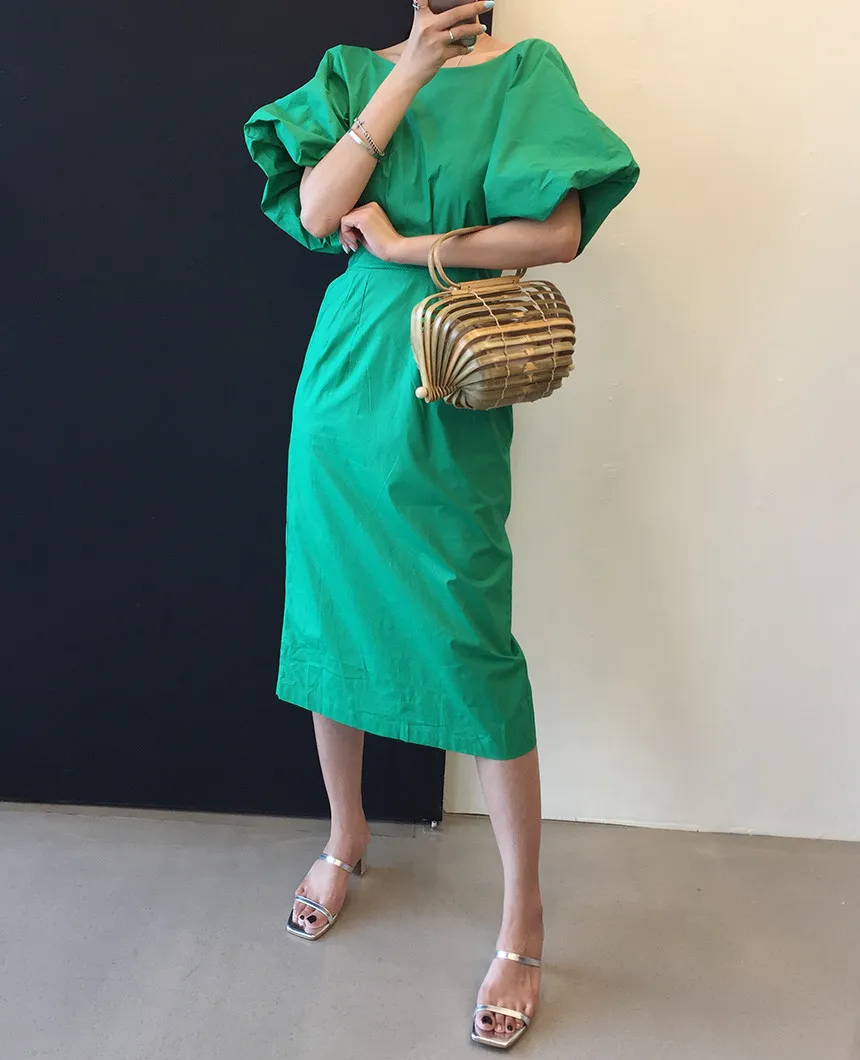 Dames Zomer Sundress Green Vintage Jurk Elegant Femme Robe Solid Color Puff Sleeve Taille Bandage 210514