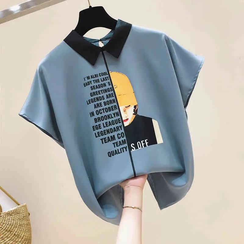 Damen für Blusen Damen Tops Chiffon Bluse Kurze Blusas Feminina Shirts Batwing Sleeve Print Button Koreanische Kleidung 0133 210323