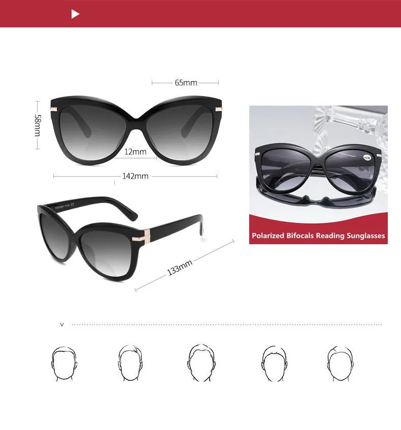 Luxury Cateye Polarizzato Bifocal Reading Sun Glasses Women Presbyopia Esili occhio da sole Occhiali da sole Cat Eye Diopter da 1 0 a 3 0187q