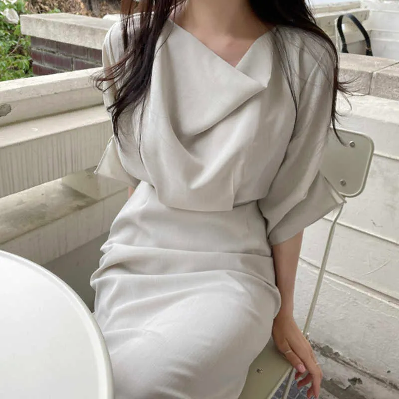 Korejpaa mulheres vestido verão coreano elegante luz design maduro decote solto lace-up bolha mangas split camisa longa vestidos 210526