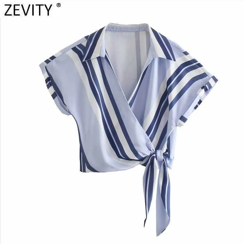 Zevity Women Cross V Neck Pasiast Print Hem Wiązany krótki Slim Smock Bluzka Femme Koszulka z krótkim rękawem Roupas Chic Topy LS9107 210603  t