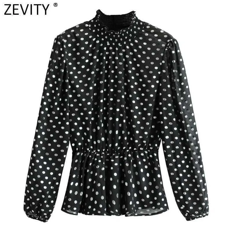 Zevity Donna Vintage Polka Dots Stampa Elastico in vita Grembiule Camicetta Donna Manica lunga Camicia casual Chic Blusas Top LS7645 210603