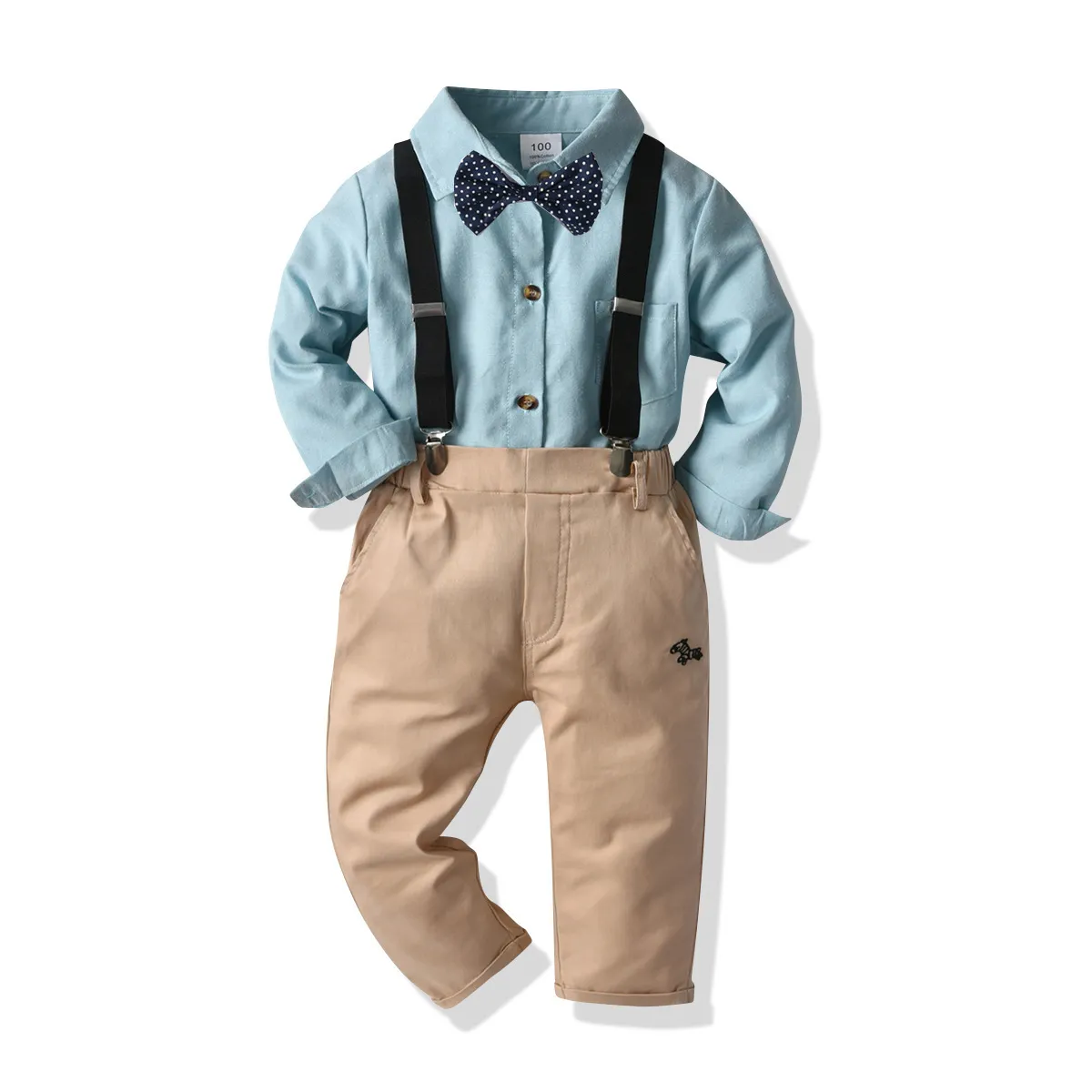 少年ボウタイシャツストラップパンツスーツ子供のベビーコットン紳士ドレス210515
