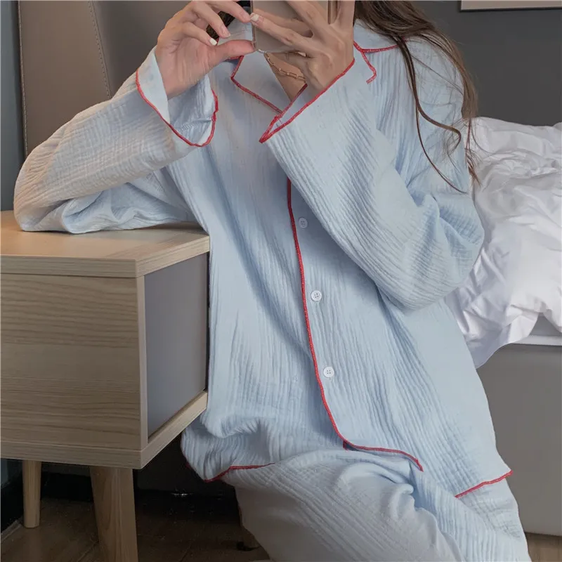 세련된 Femme 빈티지 달콤한 캐주얼 소프트 컬러 히트 잠옷 세련된 여성 느슨한 홈웨어 코튼 잠옷 210525 세트