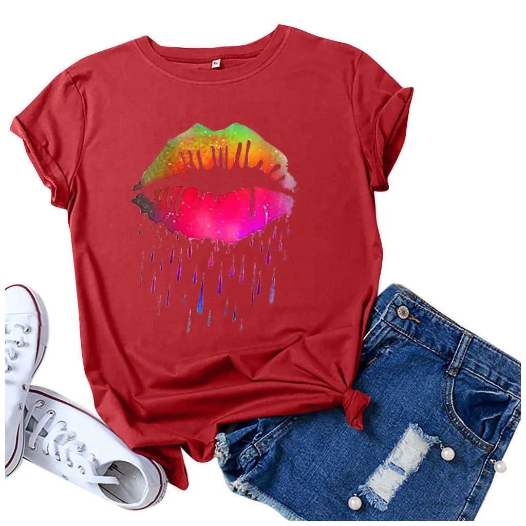 Colorful Lip Print Tee Fashion Women Casual Short Sleeve O-neck T-shirt Tops 2020 Summer Plus Size S-5xl Top For Women X0527