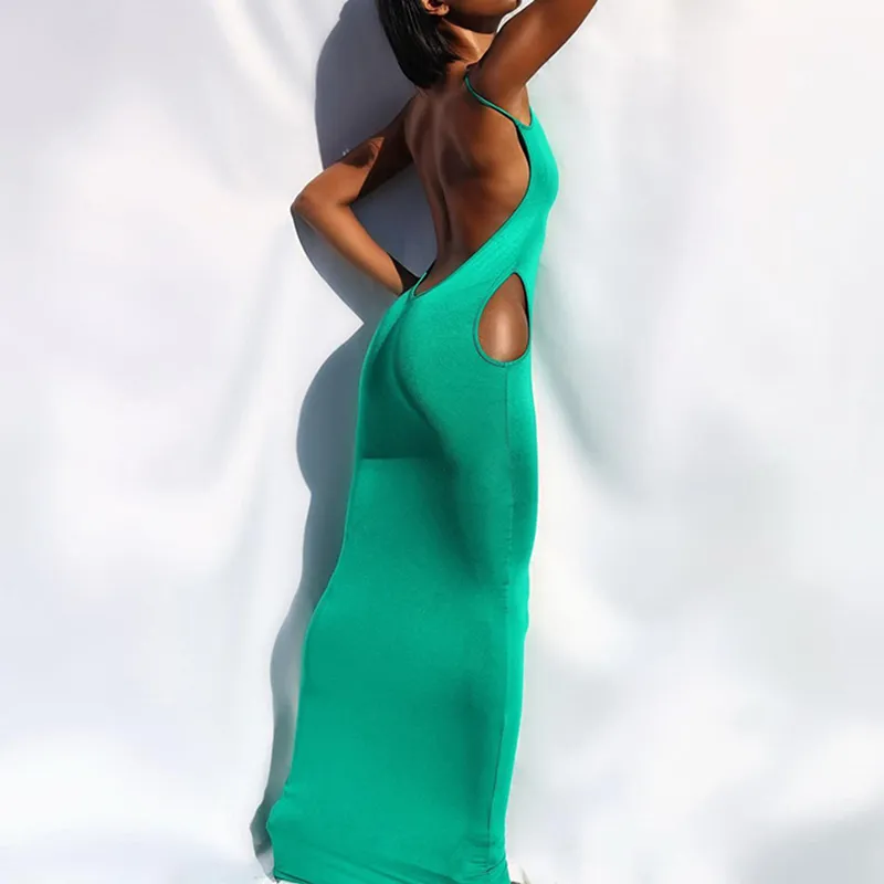 OMSJ Grüne rückenfreie lange Kleider für Frauen Sling Ärmel aushöhlen elegante sexy Mode Club Party Vestidos Maix Kleid 210517