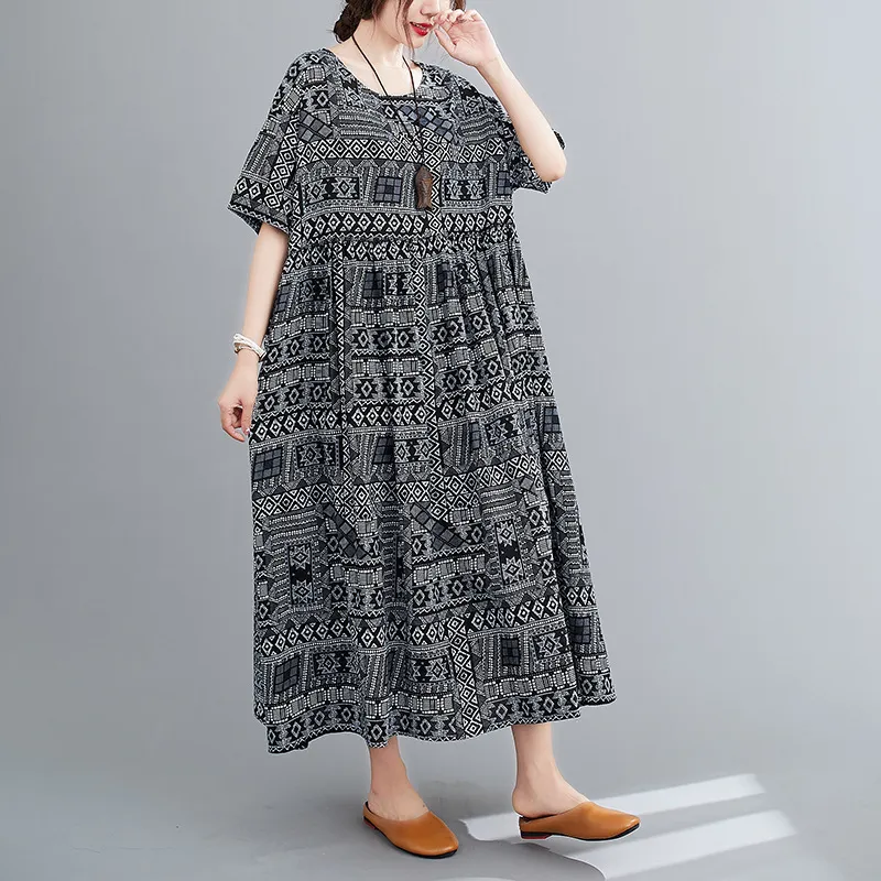 Johnature Summer Los Retro Drukuj O-Neck Krótki Rękaw Plus Size Sukienka Proste Wypoczynek Wygodne Kobiety Studce Dress 210521