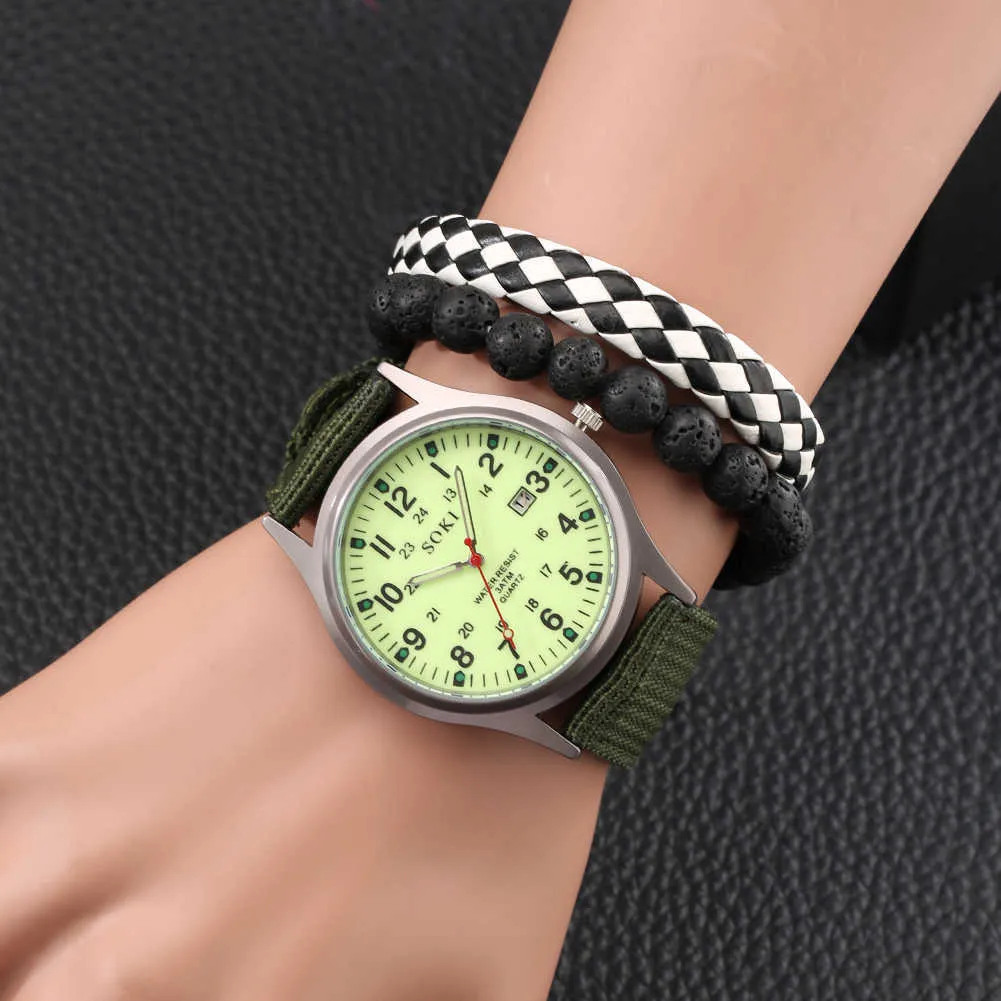 Men Watch Set Sport Military Antique Fashion Quartz Clock Wristwatch Simple Nylon Watchband Stainless Case Calender Best Present G1022