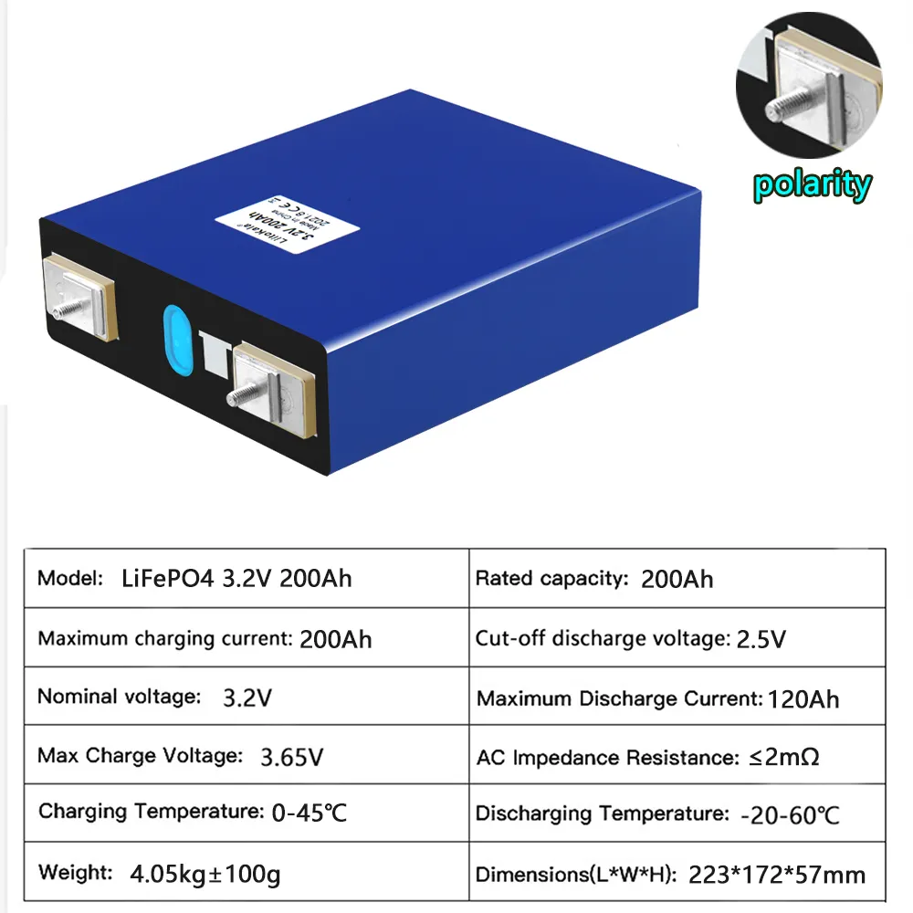 Liitokala 3.2V 200Ah LIFEPO4 Batteri 3.2V 3C litium järnfosfatbatteri för 4S 12V 24V batteri yacht sol RV M6 stud
