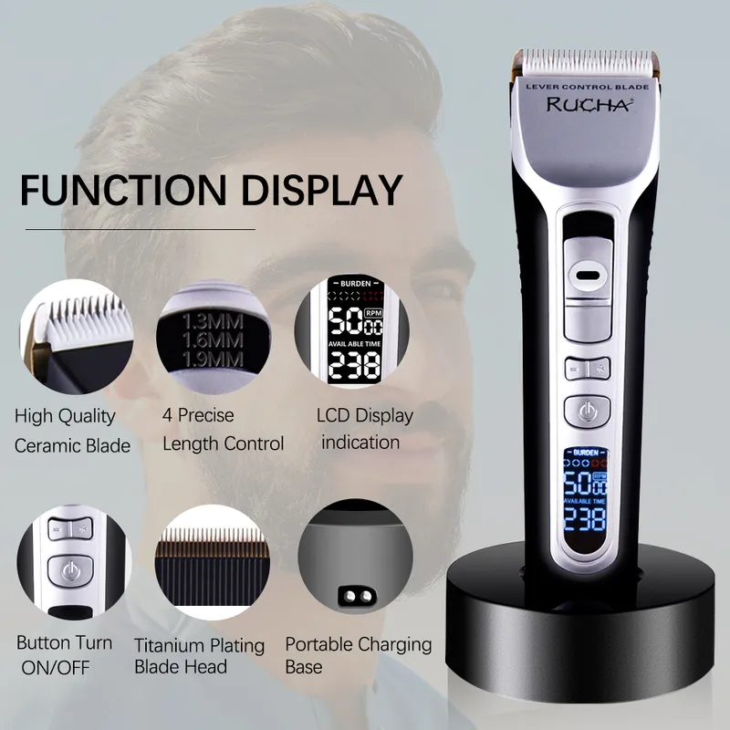 RUCHA barbier électrique tondeuse à cheveux tondeuse Rechargeable lame en céramique LCD affichage Salon hommes Machine de découpe 220216