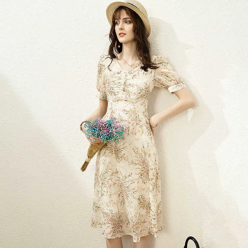Elegante diseñador de pasarela Floral impreso bordado Midi verano vestido de mujer de manga corta túnica Casual fiesta Vestidos 210601