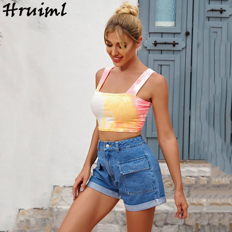 Moda Tie Dye Crop Top Mujer Verano Sin mangas Sin espalda Ladies Tank Tops Casual Short Sportswear Slim Party Blusas Cami 210513