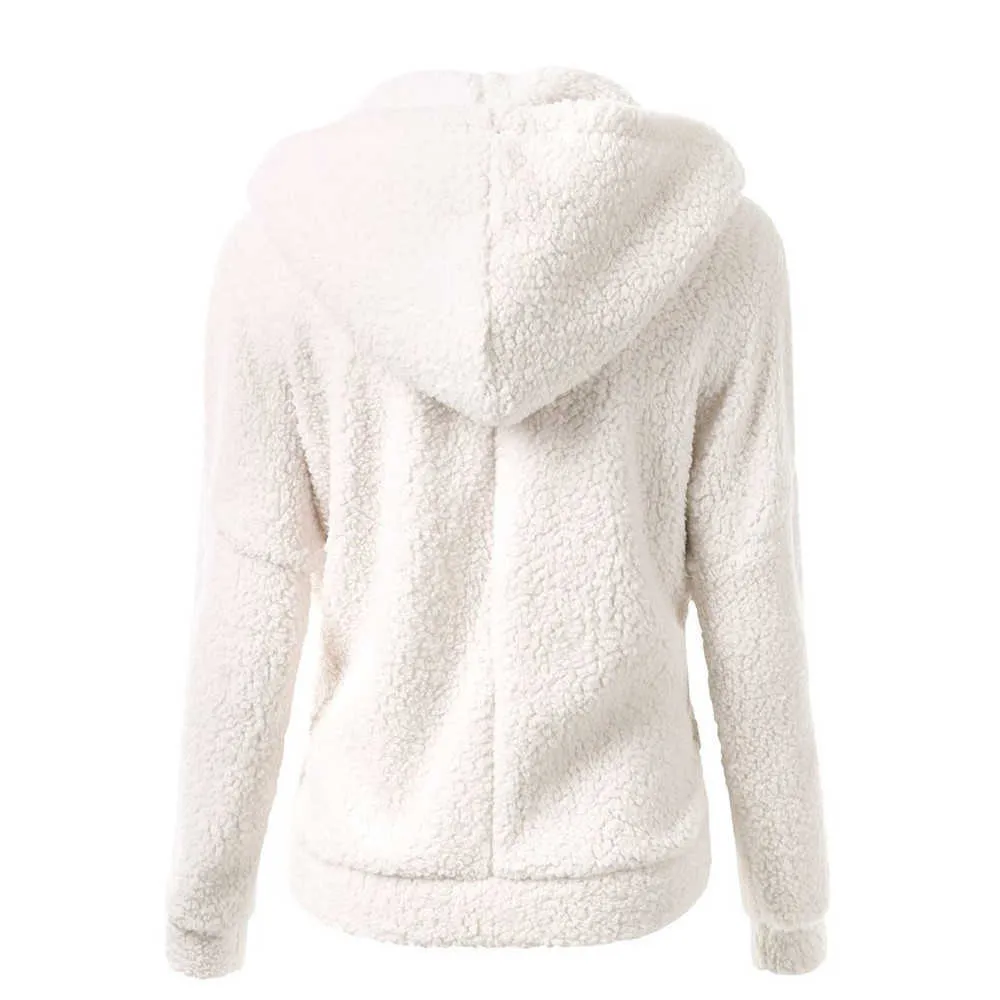 겨울 여자 양털 재킷 단단한 검은 색 화이트 레드 지퍼 후드 티드 스웨터 단순한 기본 주머니 땀 셔츠 코트 플러스 사이즈 X0629