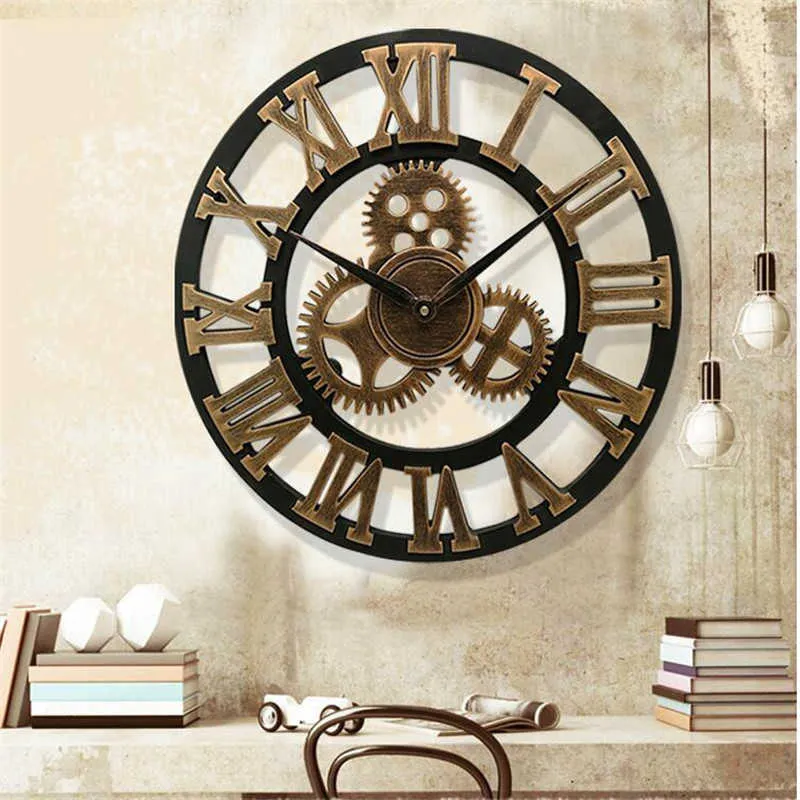 Handmade 3D large vintage quartz wall clock watch decor for living room silent watch wall clock big gear wooden wanduhr klok (6)