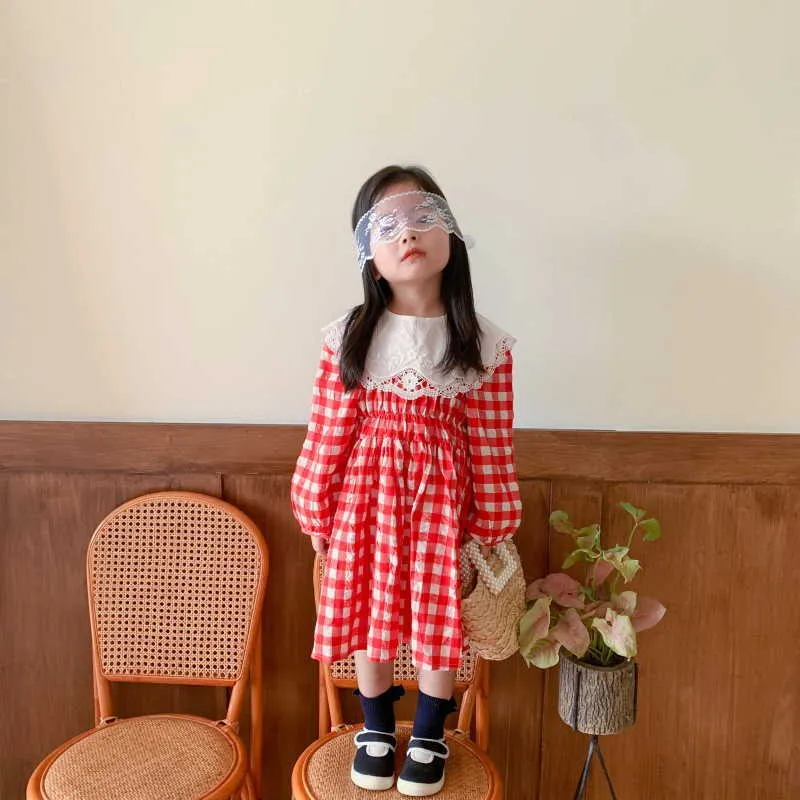Großhandel Koreanischen Stil Frühling Mädchen Kleid Plaid Prinzessin Kleider mit Abnehmbarem Spitzenkragen Kinder Kleidung E277 210610