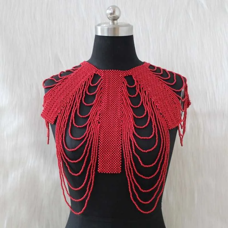 Dudo moda conjuntos de jóias de noiva acrílica miçangas ombro jóias laranja / vermelho / rosa longo colar estilo colarinho africano para as mulheres H1022