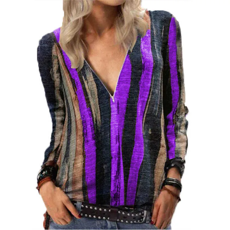 Autumn T-Shirt Women Fashion V-Neck Zipper Tie Dye Stripe Print Loose Casual Long Sleeve Ladies TShirt Female Plus Size 5XL Tops 210526