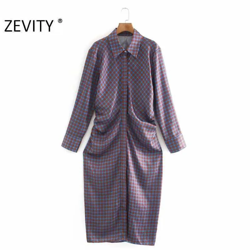 Zevity秋の女性ヴィンテージ幾何学的印刷サイドプリーツのシャツのドレスのドレスのドレスシックな服長袖ビジネスvestido ds4543 210603