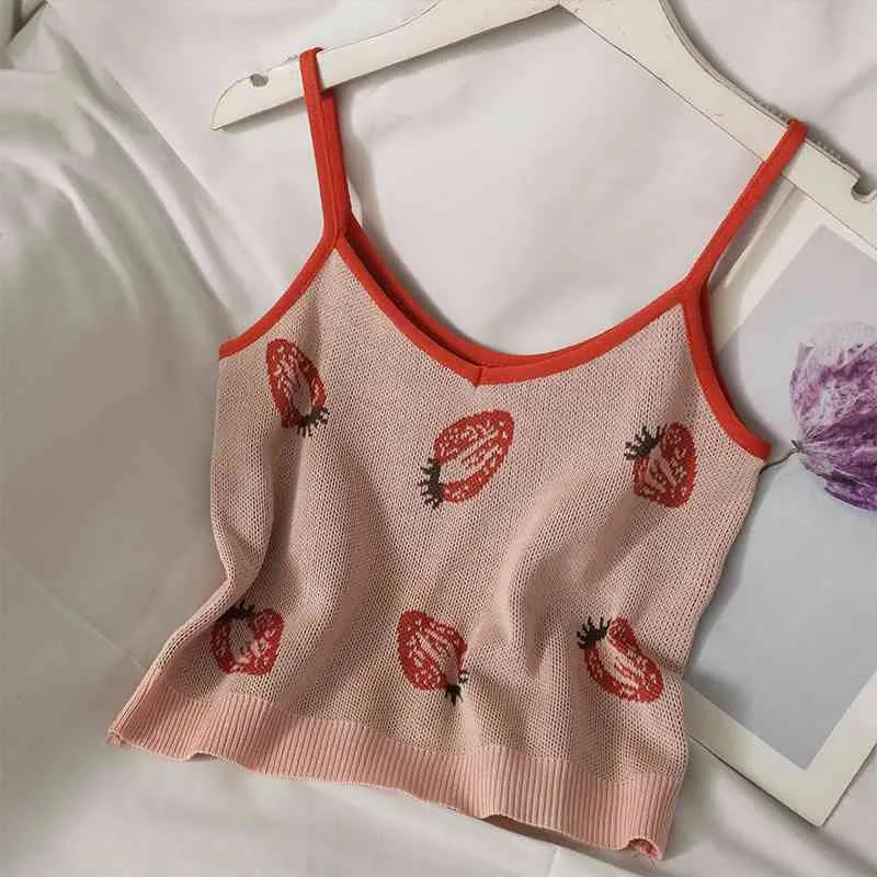 Kimutomo Strawberry Print Suit Single Breasted Long Sleeve Cardigan + Slimming Short Sling Two Piece Set Korean Women Fashion 210521