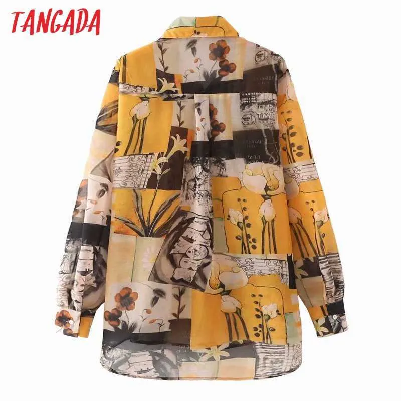 Tangada Frauen Übergroße Druck Vintage Chiffon Hemd Bluse Langarm Chic Weibliche Casual Dame Hemd Tops ME05 210609