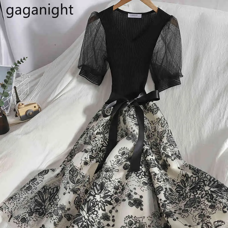 Gaganight Vintage Women Patchwork Long Dress Summer Short Sleeves Bow All Match A Line Bodycon Vestidos Chic Korean Robe 210519