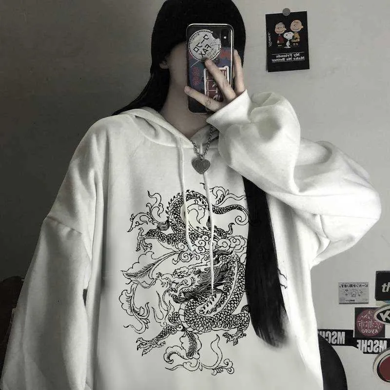 Dragon print w stylu chiński harajuku retro swag z kapturem najwyższy poziom streetwear unisex kpop y2k swobodne bluzy para ubrań 211011