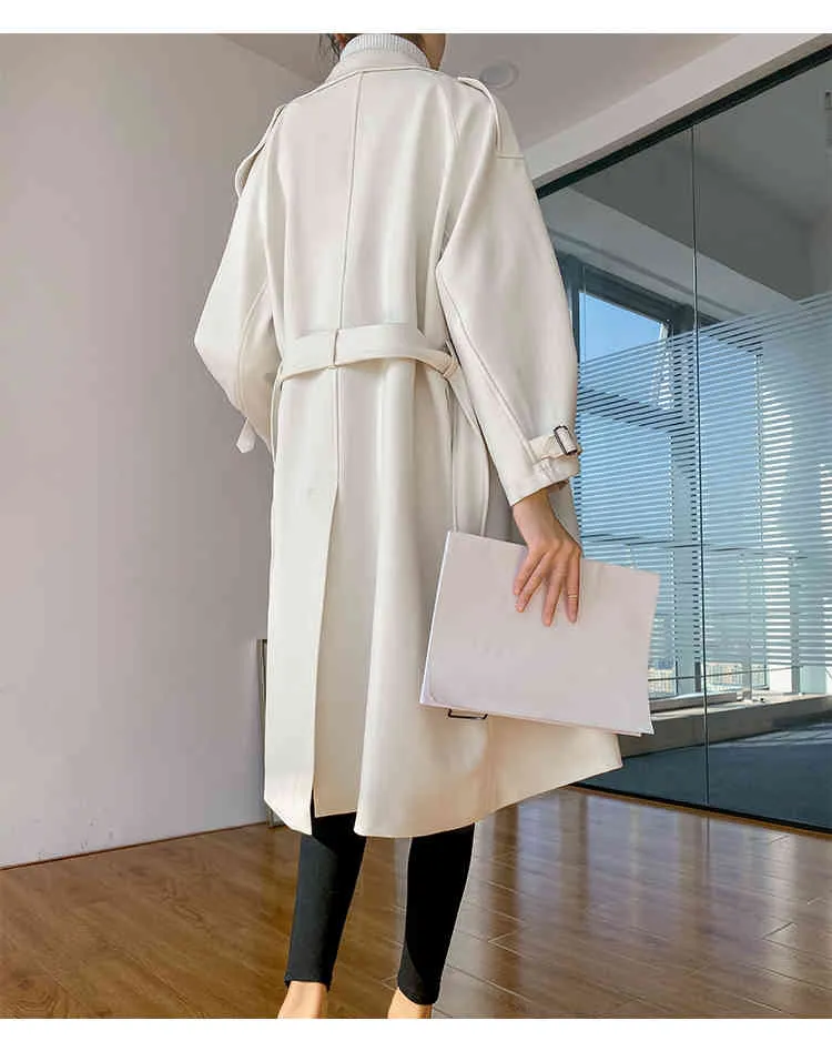 Wonder solid long coat korean office warm elegant belted vintage overcoats windbreaker casual coats outwears 210510