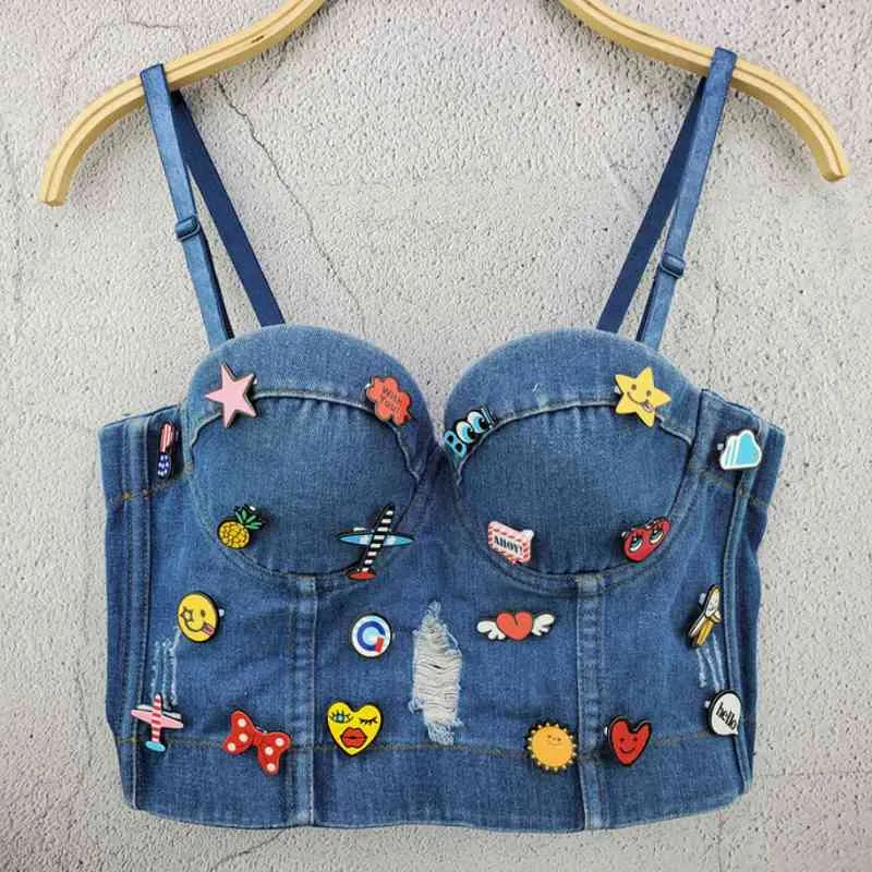 Fashion Ladies Camis Runway Jeans Crop Top Luxury Blue Sexy Celebrity Party Club Vest 210326