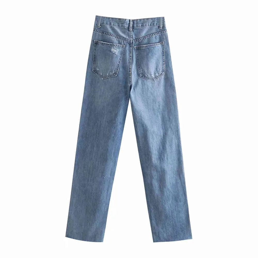 90S Wome Fashion jeans déchirés à jambes larges Femme Chic poches à taille haute bouton zip braguette jeans en denim pleine longueur Lady pants 210520