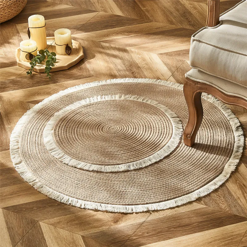 Tapete redondo para a sala de estar Rattan tapetes de tecelagem com borlas tapete de cabeceira casa decoração moderna estilo country quarto tapetes de porta 220301