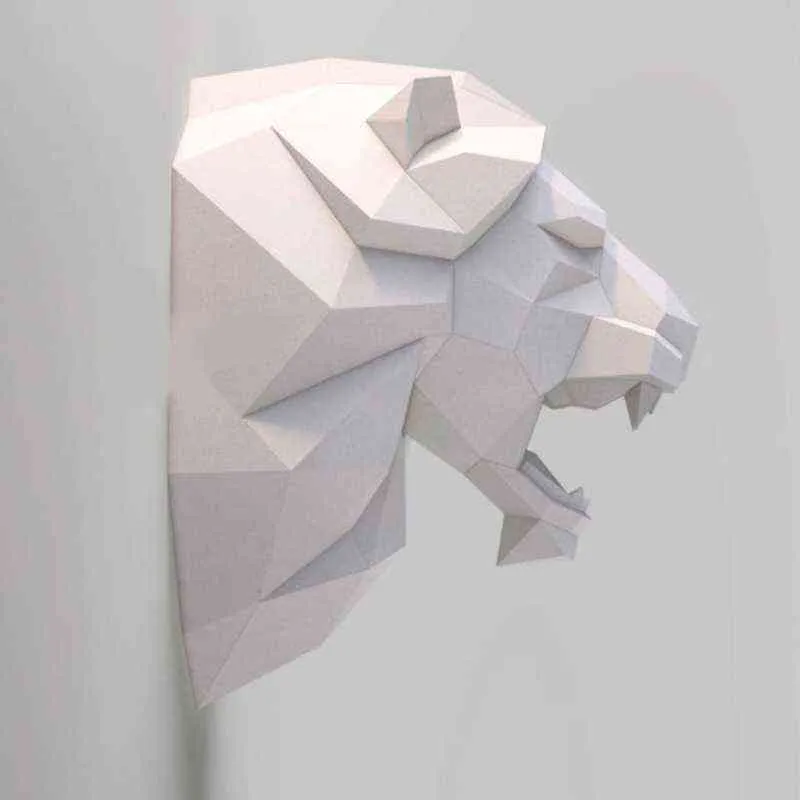 Aslan Kafası 3D Kağıt Modeli Hayvan Heykel Papercraft DIY Zanaat Oturma Odası Dekorasyonu için Ev Dekor Bar Duvar Sanatı 211108