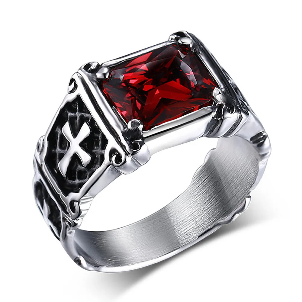 Cruz rubi vermelho preto zircão diamantes pedras preciosas anéis para homens punk gótico jóias de aço inoxidável legal acessórios de moda gift9607235