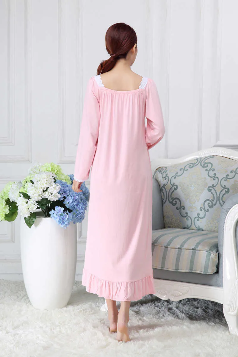 Damen-Nachtwäsche aus Baumwolle und Modal, langärmelig, lockere Passform, koreanischer Stil, rosa, weiß, Prinzessin, langes Nachthemd, Stretch-Nachthemd 210924
