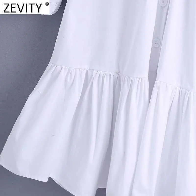 Zevity Women甘いビッグピーターパンカラー裾プリーツフリルホワイトシャツの女性アガリックレースvestidosシックなドレスDS4957 210603
