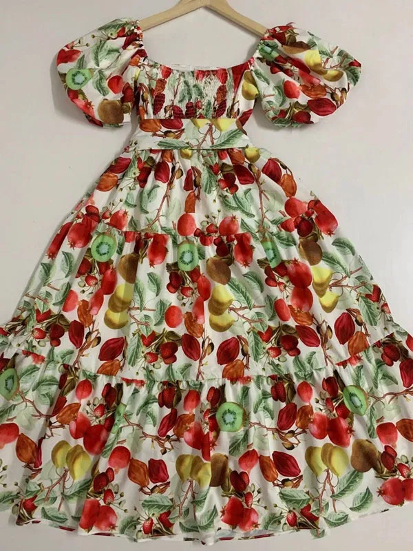 Obst Blume gedruckt Puffärmel Sommer Urlaub Kleider für Frauen Luxus hohe Qualität Hit Farbe weibliche Robe Boho 210421