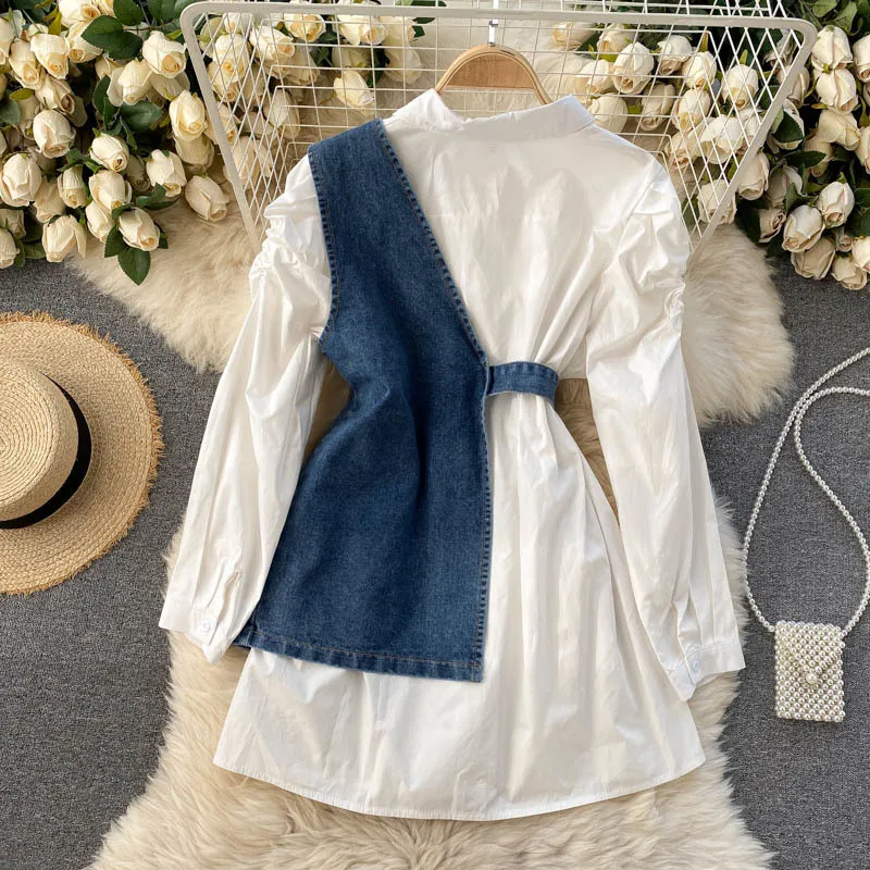 2021 nuevo estilo moda temperamento primavera solapa camisa mujer manga burbuja Color sólido salvaje chaleco vaquero traje de dos piezas C229 X0428