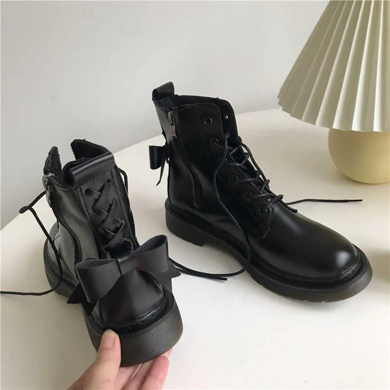 Kvinnors Harajuku Mode Vår Höst E-Girl Skor Ankel Lace Up Boots Bow Casual Flats Plattformar Kawaii Lolita Black Pink Shoe Y1018