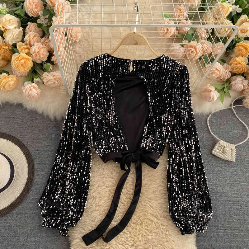 Sexy Hollow Out Sequin Blouse Women O-Neck Open Back Bandage Tops Elegant Black/Red Bling Club Party Shirt Autumn Fashion 210326