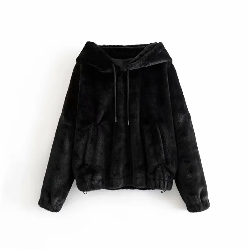 Causal Women Solid Faux Fur Hoodies Winter Fashion Ladies Hooded Loose Tops Streetwear Chic Female Soft Warm Thick 210427