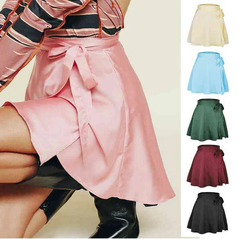Сплошные кружева высокая талия мини-юбки женские мода один кусок кружевной юбку шифон атласная обертка женщина одежда Y2K точечная юбка Летние G220309