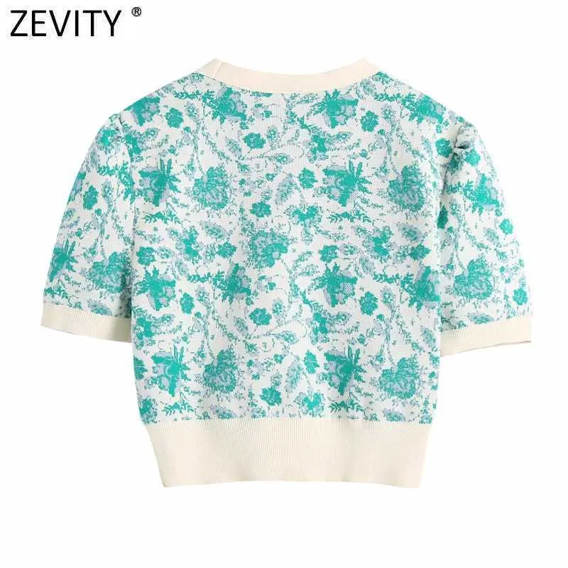 Zevity Femmes Mode Col V Floral Print Jacquard Court Pull tricoté Femme Chic Puff Sleeve Cardigans Crop Tops SW837 210603