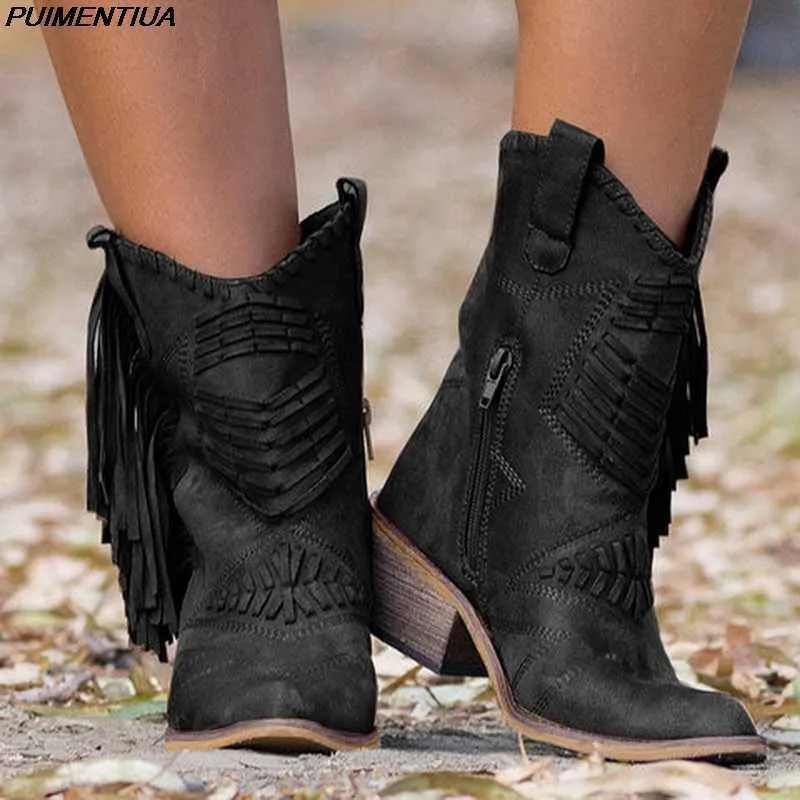 PUIMENTIUA Tassel Western Cowboy Boots for Women Leather Cowgirl Boots Low Heels Shoes Winter Boots Zapatos De Mujer Y0914