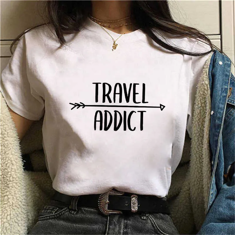 Viciado em viagens Camisetas Mulheres Fique Selvagem Carta Imprimir Engraçado Gráfico Tees Mulheres Moda Suave Casual Branco Camisetas Tops X0527