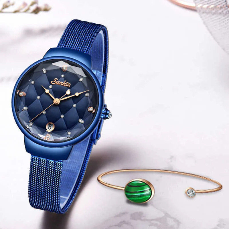 Frauen Mode blau Quarzuhr Dame Casual Wasserdicht Einfache Armbanduhr Geschenk für Mädchen Frau Saat Relogio Feminino Box 210624303k