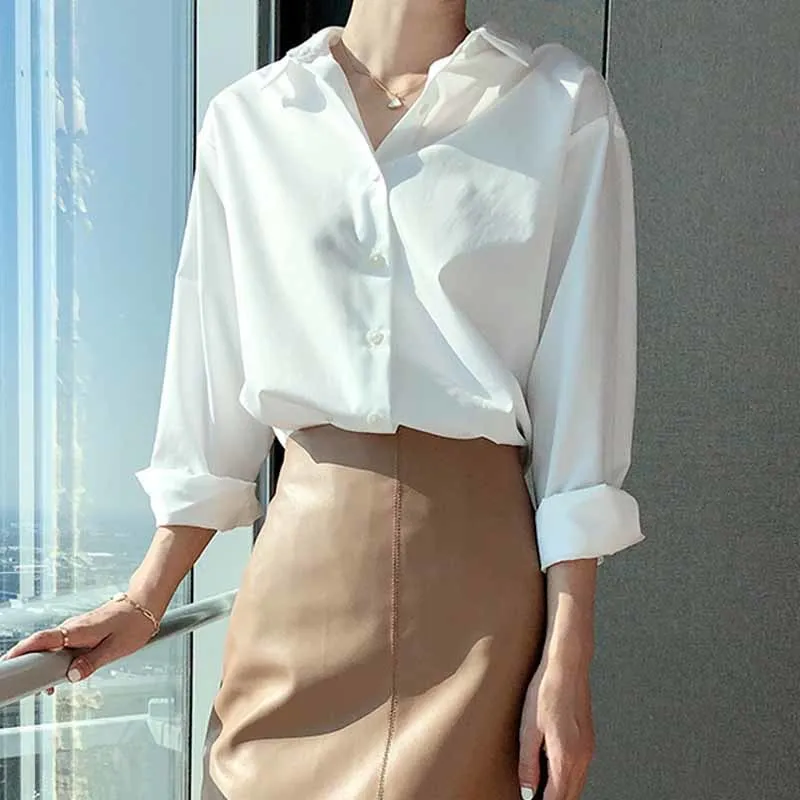 Casual lâche coton blanc grande taille femmes chemises Harajuku bouton femme chemise hauts à manches longues coréen Blouses Blusas 12398 210512