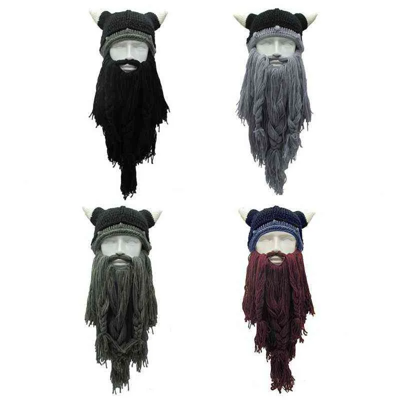 Adult Crazy Funny Halloween Cosplay Knitted Viking Beard Horn Hat Ski Mask Barbarian Vagabond Vintage Beanie Cap Winter Warmer Y21111