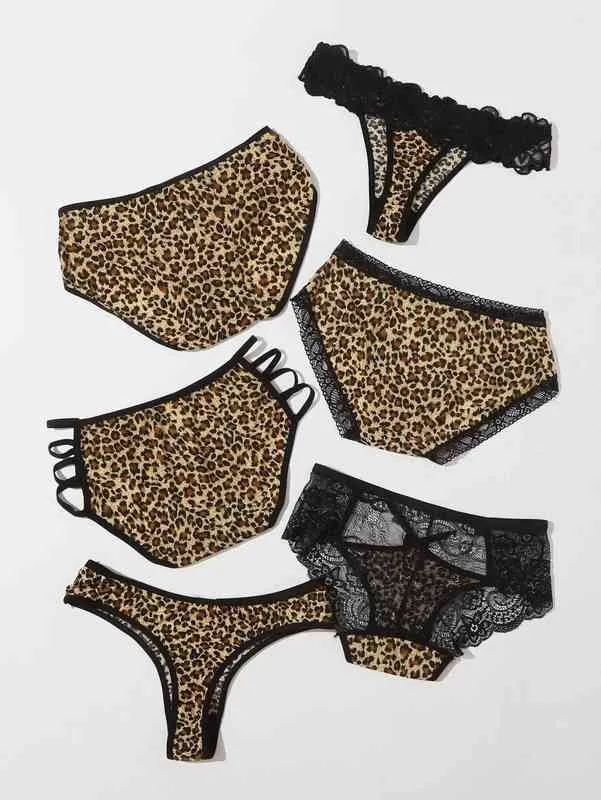 Leopard Print Hollow Out Lace Briefs Midnight Sexy Seduction Charm Fun Underwear Six Piece Set 211201